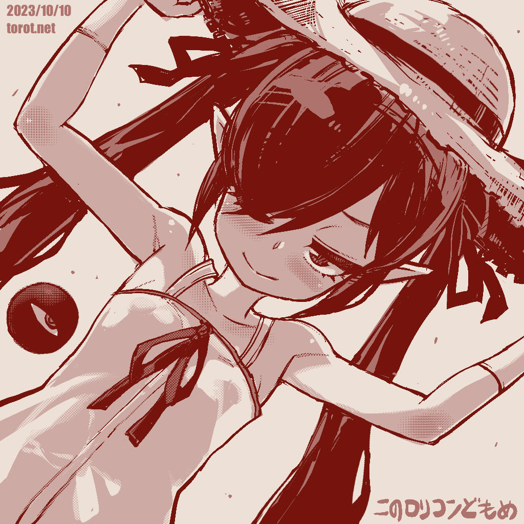1girl adjusting_clothes adjusting_headwear arms_up backbeako backbeard blush closed_mouth collarbone commentary_request dated dated_commentary dress dutch_angle gegege_no_kitarou gloves hair_over_one_eye hair_ribbon hat kono_lolicon_domome long_hair looking_at_viewer monochrome one_eye_closed original paid_reward_available pointy_ears ribbon simple_background sleeveless sleeveless_dress smile solo sun_hat sundress torotei translated twintails web_address white_background