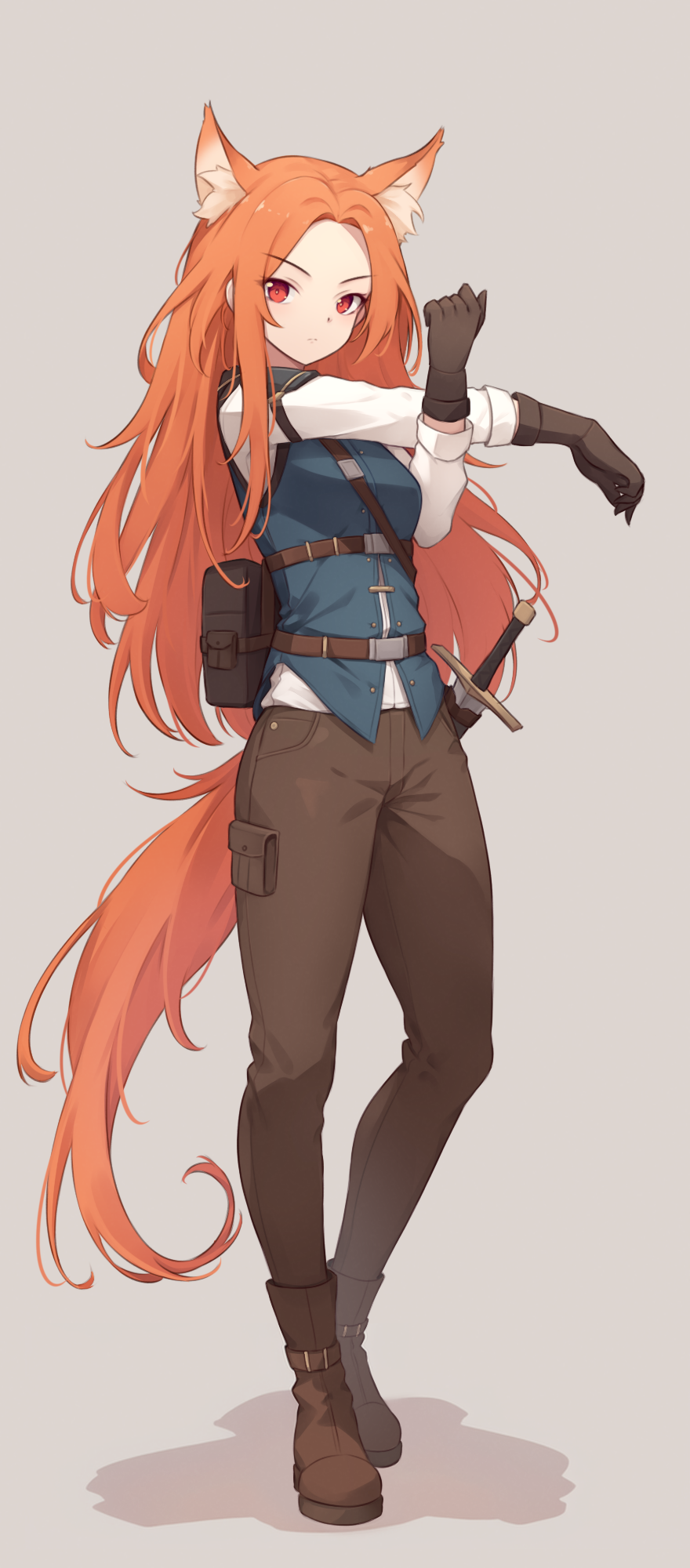 1girl animal_ear_fluff animal_ears backpack bag blue_vest boots breasts brown_footwear brown_gloves brown_pants buttons closed_mouth cross-body_stretch english_commentary fanny_pack fox_ears fox_tail frown full_body gloves grey_background highres long_hair looking_at_viewer messy_hair orange_hair original pants parted_bangs pocket red_eyes riley_(trimbil) scabbard sheath shirt simple_background small_breasts solo standing stretching sword tail trimbil very_long_hair vest weapon white_shirt