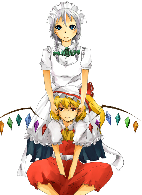 2girls adapted_costume apron ascot between_legs blonde_hair blue_hair blue_skirt braid buttons closed_mouth collared_shirt crystal feet_out_of_frame flandre_scarlet frilled_apron frilled_sleeves frills grey_hair hand_between_legs hands_on_another's_cheeks hands_on_another's_face izayoi_sakuya light_smile looking_at_viewer maid maid_apron maid_headdress medium_hair multicolored_wings multiple_girls nagusa74 orange_hair puffy_short_sleeves puffy_sleeves red_skirt red_vest shirt short_sleeves simple_background skirt skirt_set touhou twin_braids v_arms vest white_apron white_background white_shirt wings yellow_ascot
