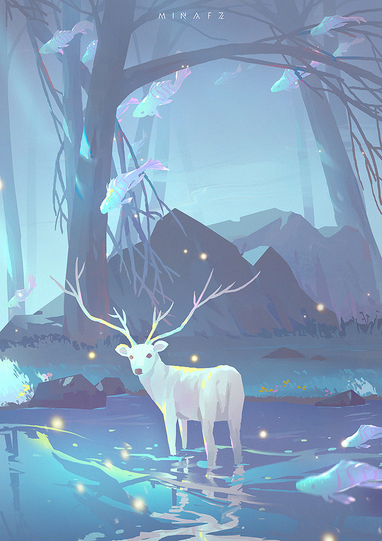 animal_focus antlers artist_name bare_tree black_eyes commentary deer english_commentary fireflies fish forest grass mina_fz. nature night no_humans original outdoors reflection reflective_water ripples rock solid_eyes tree wading wide_oval_eyes