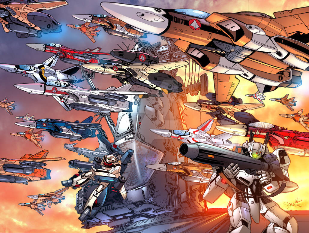 aiming battroid choujikuu_yousai_macross clouds dusk energy_cannon english_commentary fleet flying glowing gunpod jolly_roger machinery macross macross:_do_you_remember_love? mecha missile nuclear_weapon pilot robot robotech roundel science_fiction sdf-1 signature spacecraft sullivanillustration u.n._spacy variable_fighter vf-1 vf-1_strike vf-1_super vf-1a vf-1d vf-1j vf-1s western_comics_(style) when_you_see_it