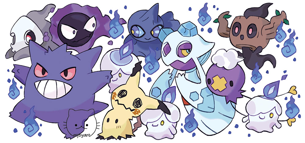 artist_name blue_eyes blue_fire candle closed_mouth colored_sclera commentary drifloon duskull english_commentary fire froslass gastly gengar grin litwick mask mimikyu mjoyart no_humans phantump pokemon pokemon_(creature) purple_fire red_eyes shuppet simple_background smile teeth v-shaped_eyebrows white_background will-o'-the-wisp_(mythology) yellow_eyes yellow_sclera