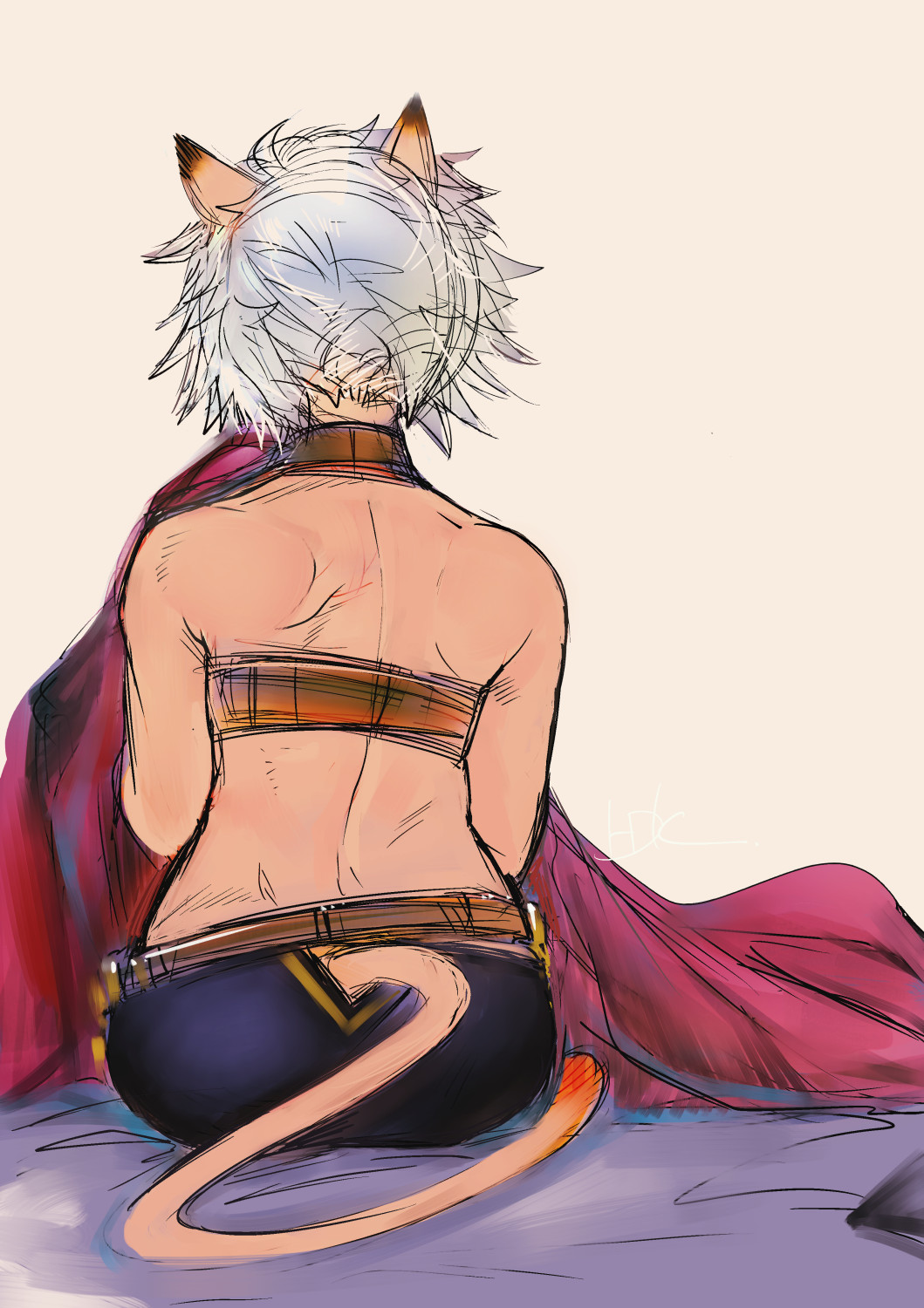 1girl adventurer_(ff11) animal_ears back bare_shoulders belt brown_belt cat_ears cat_girl cat_tail doraeshi final_fantasy final_fantasy_xi from_behind grey_hair highres mithra_(ff11) short_hair sitting solo tail tail_through_clothes