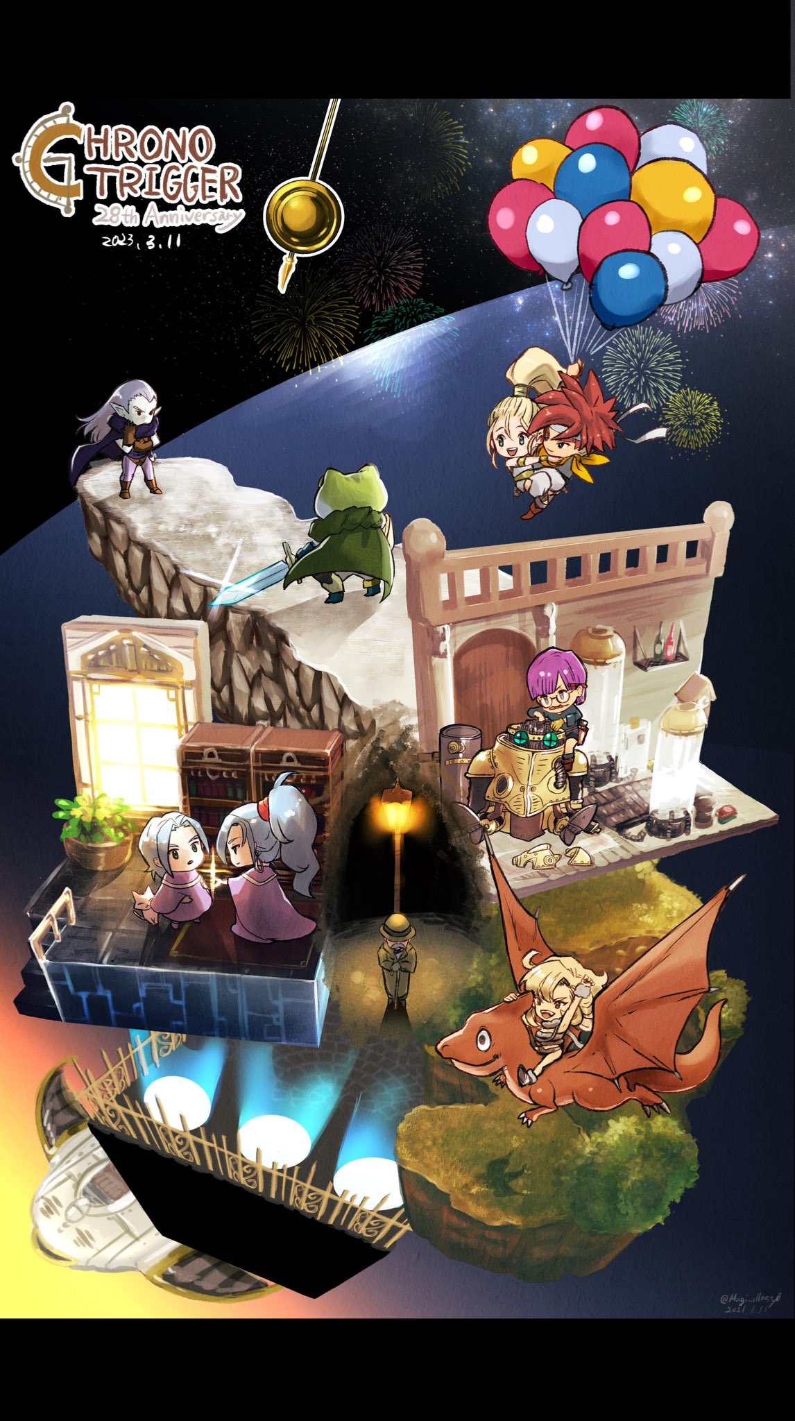 4girls 5boys alfador ayla_(chrono_trigger) blonde_hair chibi chrono_trigger commentary crono_(chrono_trigger) dinosaur epoch frog_(chrono_trigger) glasses headband highres jewelry komugiko_no_mori letterboxed long_hair lucca_ashtear magus_(chrono_trigger) marle_(chrono_trigger) melchior_(chrono_trigger) multiple_boys multiple_girls open_mouth ponytail purple_hair redhead robo_(chrono_trigger) robot schala_zeal short_hair smile spiky_hair sword symbol-only_commentary weapon