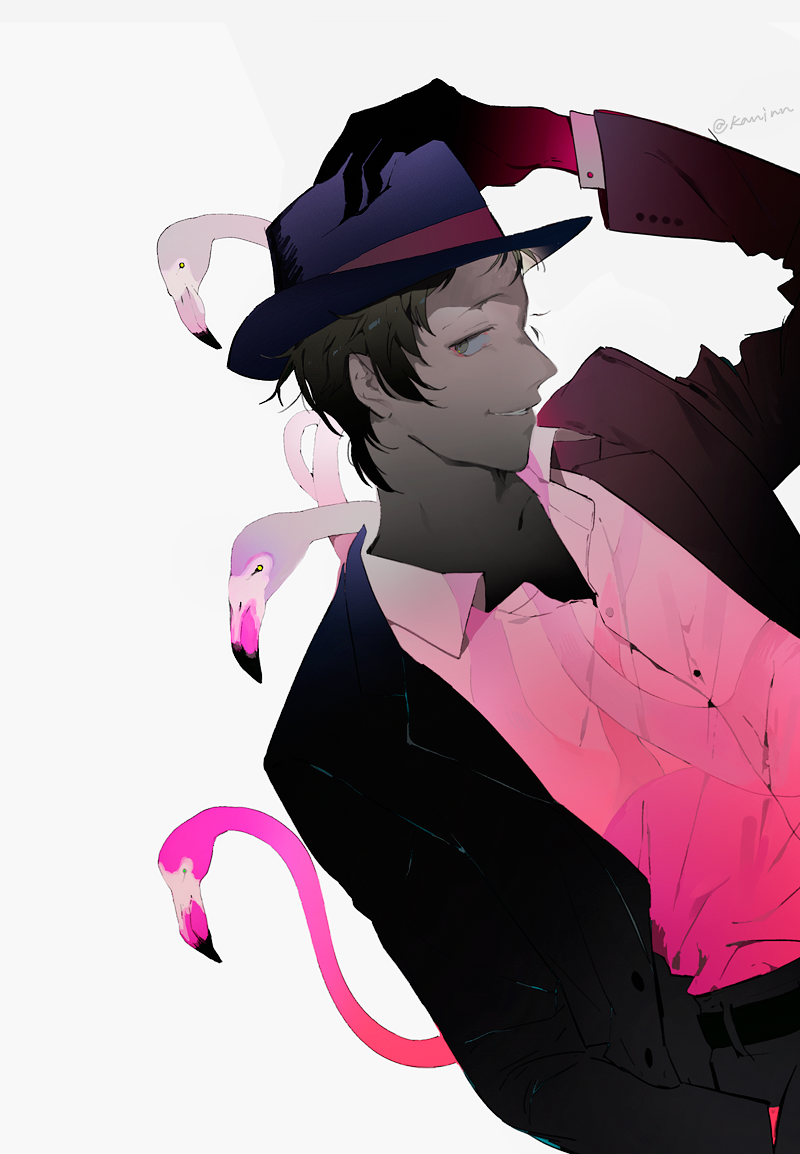 1boy adachi_tooru arm_up belt bird black_belt black_hair black_jacket blue_headwear collared_shirt commentary english_commentary flamingo grey_background grey_eyes hand_in_pocket hand_on_headwear hat jacket kaninn long_sleeves looking_at_viewer male_focus open_clothes open_jacket open_mouth persona persona_4 pink_shirt shirt short_hair simple_background solo twitter_username upper_body