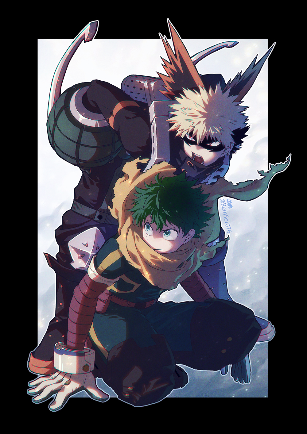 2boys alternate_eye_color arms_at_sides artist_name baggy_pants bakugou_katsuki behind_another belt belt_pouch bent_over black_border black_footwear black_mask black_pants blonde_hair blue_background blue_bodysuit blue_eyes blue_gloves bodysuit boku_no_hero_academia boots border buckle canister cape cel_shading chromatic_aberration colored_shoe_soles combat_boots commentary explosive eye_mask film_grain floating_cape freckles frown full_body gloves green_hair grenade hair_between_eyes hand_on_floor hand_on_ground hand_on_own_hip headgear high_collar highres knee_boots knee_pads leaning_forward legs_apart light looking_to_the_side male_focus midoriya_izuku multicolored_background multiple_boys official_alternate_costume open_mouth orange_gloves outline outside_border pants pixiv_username pouch red_belt red_eyes remsor076 sanpaku serious short_hair sidelighting single_horizontal_stripe single_vertical_stripe snap-fit_buckle spiky_hair squatting torn_cape torn_clothes turning_head twitter_username two-tone_bodysuit two-tone_gloves utility_belt v-shaped_eyebrows white_background white_gloves white_outline yellow_bodysuit yellow_cape