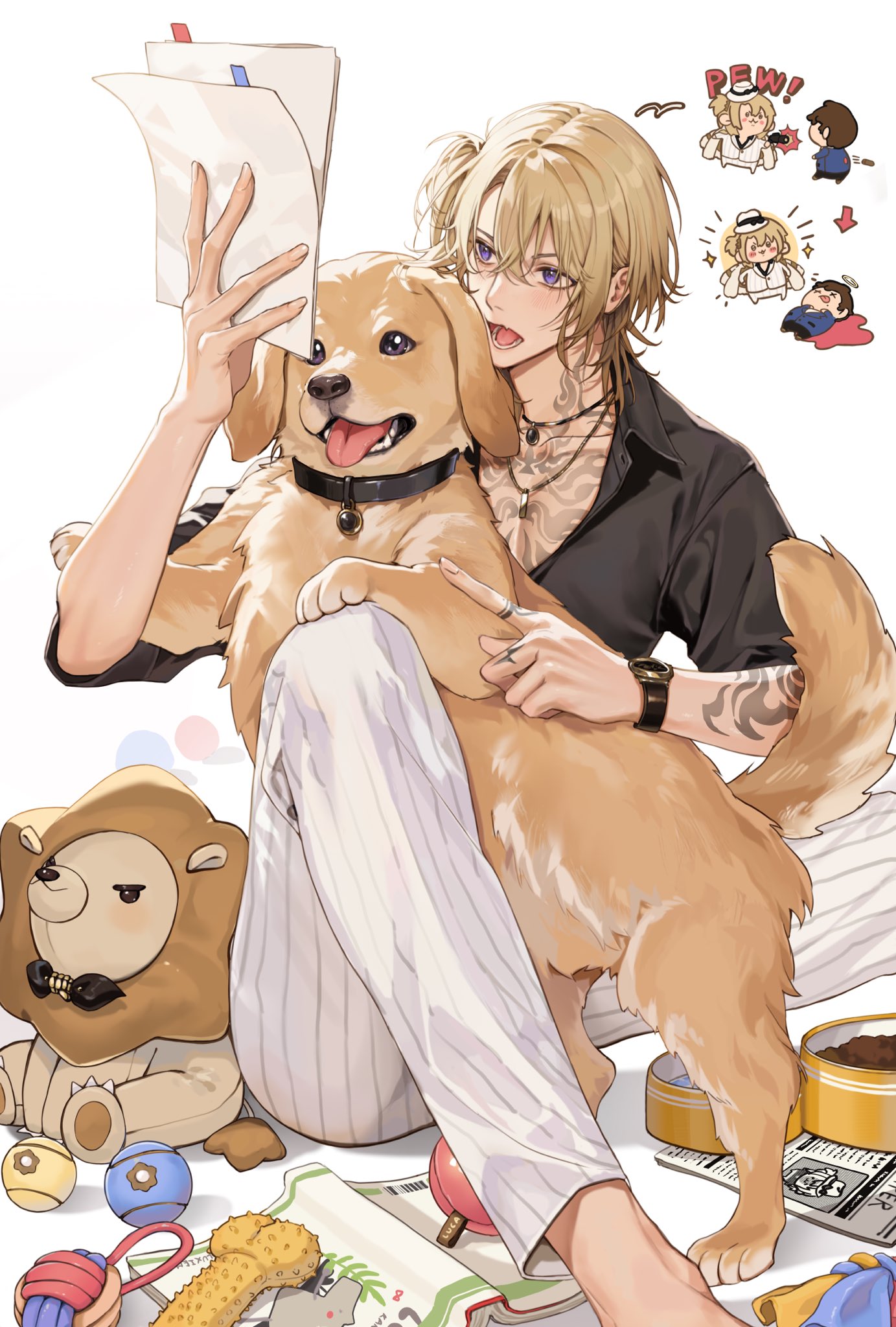 1boy arm_tattoo augustus_(luca_kaneshiro) barefoot black_shirt blonde_hair chest_tattoo collared_shirt commentary dog finger_tattoo golden_retriever highres holding holding_paper jewelry luca_kaneshiro luca_kaneshiro_(1st_costume) male_focus necklace nijisanji nijisanji_en open_mouth pants papa_(you_have_today) paper shirt short_sidetail solo stuffed_animal stuffed_lion stuffed_toy symbol-only_commentary tattoo violet_eyes virtual_youtuber watch watch white_pants