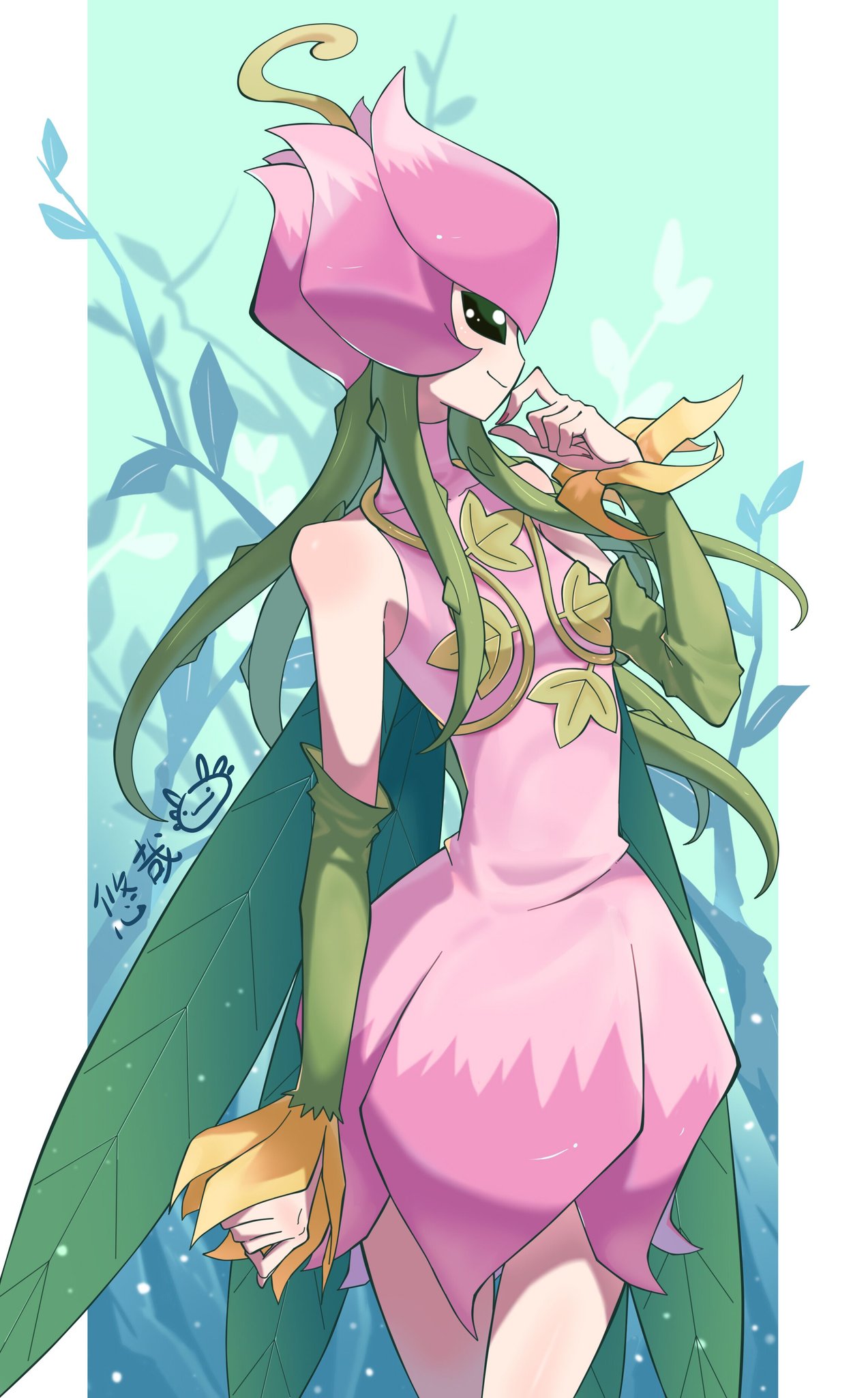 1girl detached_sleeves digimon digimon_(creature) dress fairy green_sleeves hair_vines highres leaf_wings lilimon looking_to_the_side monster_girl petals pink_dress plant plant_girl solo watermark wings youzaiyouzai112