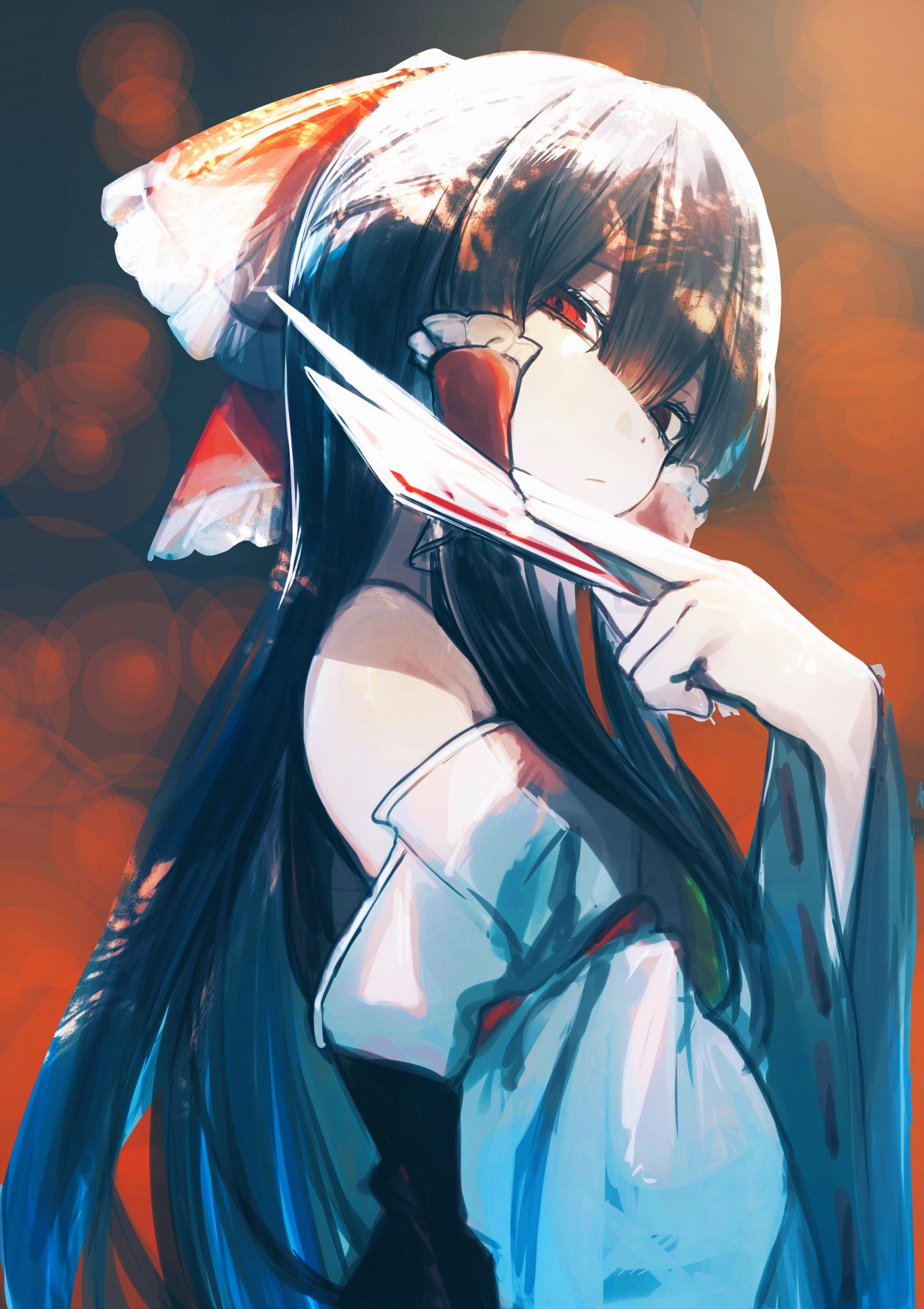1girl black_hair bow closed_mouth detached_sleeves hair_bow hair_tubes hakurei_reimu highres ikasoba long_hair looking_at_viewer ofuda red_background red_bow red_eyes sidelocks solo touhou upper_body