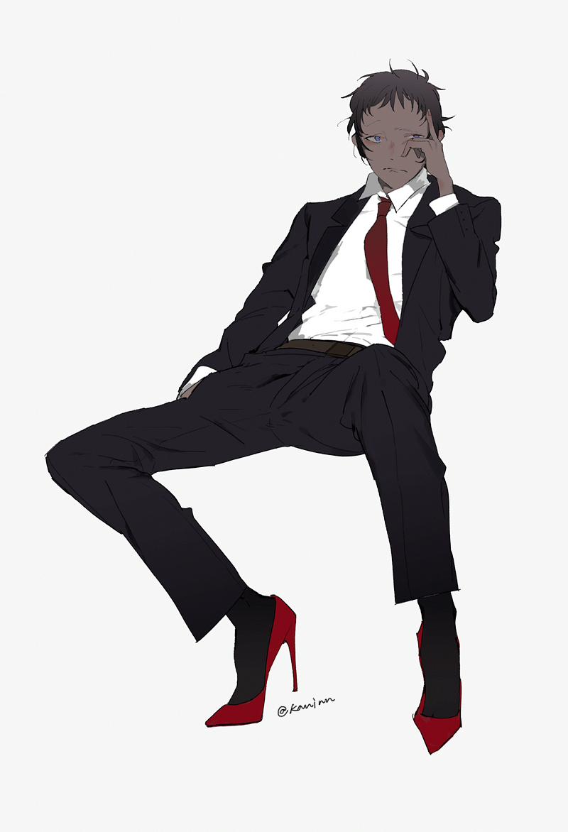 1boy adachi_tooru belt black_hair black_jacket black_pants blue_eyes brown_belt business_suit closed_mouth collared_shirt commentary_request frown full_body grey_background hand_up high_heels invisible_chair jacket kaninn leaning_back long_sleeves looking_at_viewer male_focus necktie pants persona persona_4 photo-referenced red_footwear red_necktie shirt short_hair simple_background sitting solo spread_legs suit twitter_username white_shirt