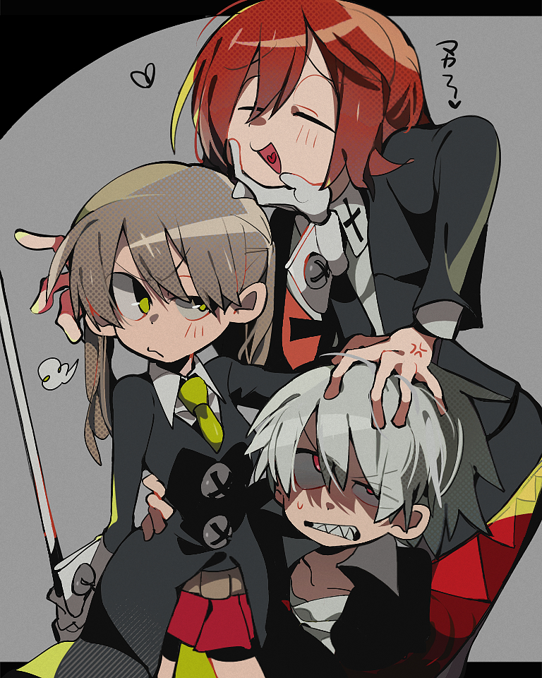 1girl 2boys :d =3 =_= anger_vein arm_around_waist black_coat clenched_teeth closed_eyes closed_mouth coat collared_shirt eyes_visible_through_hair father_and_daughter furrowed_brow green_eyes green_necktie grey_background grey_hair hair_between_eyes half-closed_eye hand_on_another's_chin hand_on_another's_head hayotukiaeya heart holding holding_scythe long_hair long_sleeves looking_at_another looking_up maka_albarn multiple_boys necktie o3o open_mouth pushing_away pushing_face red_eyes red_skirt screentones scythe sharp_teeth shirt short_hair simple_background skirt smile soul_eater soul_evans spirit_albarn sweat teeth twintails white_shirt wing_collar