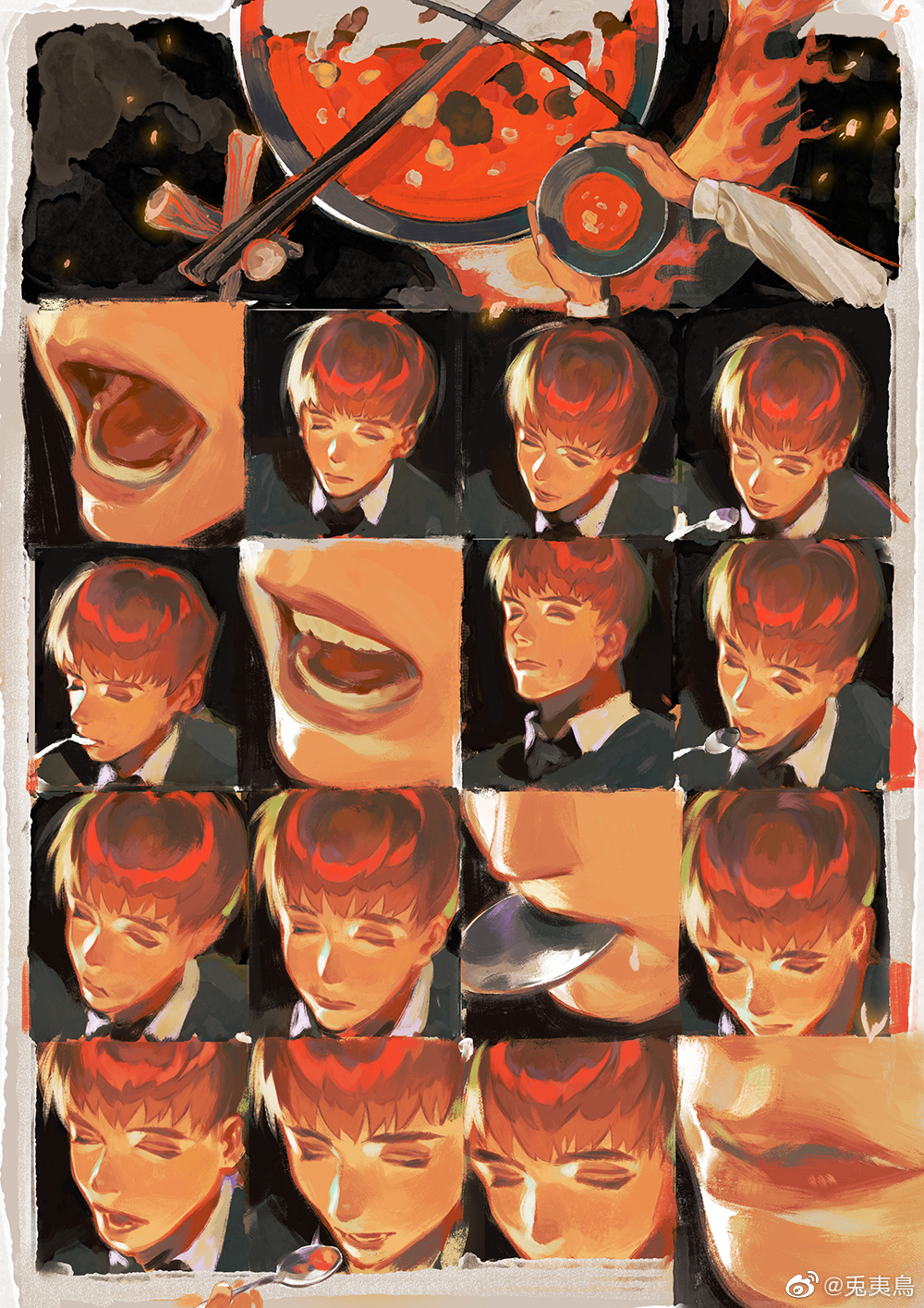 bowl bowl_cut character_request close-up closed_eyes curry eating eyeshadow food highres lips long_sleeves makeup mcmeao open_mouth red_theme scene_reference sequential shingeki_no_kyojin soup spoon teeth thick_eyebrows