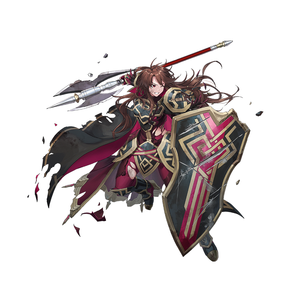 1girl armor axe battle_axe black_cape broken broken_weapon brown_eyes brown_hair cape clenched_teeth dai-xt damaged fingerless_gloves fire_emblem fire_emblem:_mystery_of_the_emblem fire_emblem_heroes gloves holding holding_axe holding_shield long_hair lunge official_alternate_costume official_art red_cape red_gloves sheena_(fire_emblem) sheena_(resplendent)_(fire_emblem) shield solo teeth torn_cape torn_clothes v-shaped_eyebrows weapon