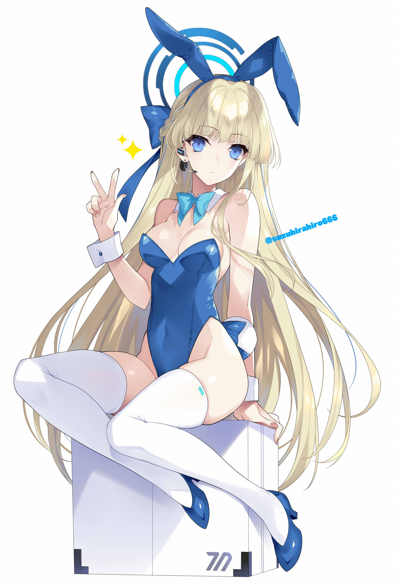 animal_ears aqua_eyes bare_shoulders blonde_hair blue_archive blue_bow blue_footwear blue_leotard bow breasts commentary detached_collar fake_animal_ears full_body headset high_heels highres leotard long_hair looking_at_viewer playboy_bunny rabbit_ears sitting small_breasts solo suzuhira_hiro thigh-highs toki_(blue_archive) toki_(bunny)_(blue_archive) twitter_username v wrist_cuffs
