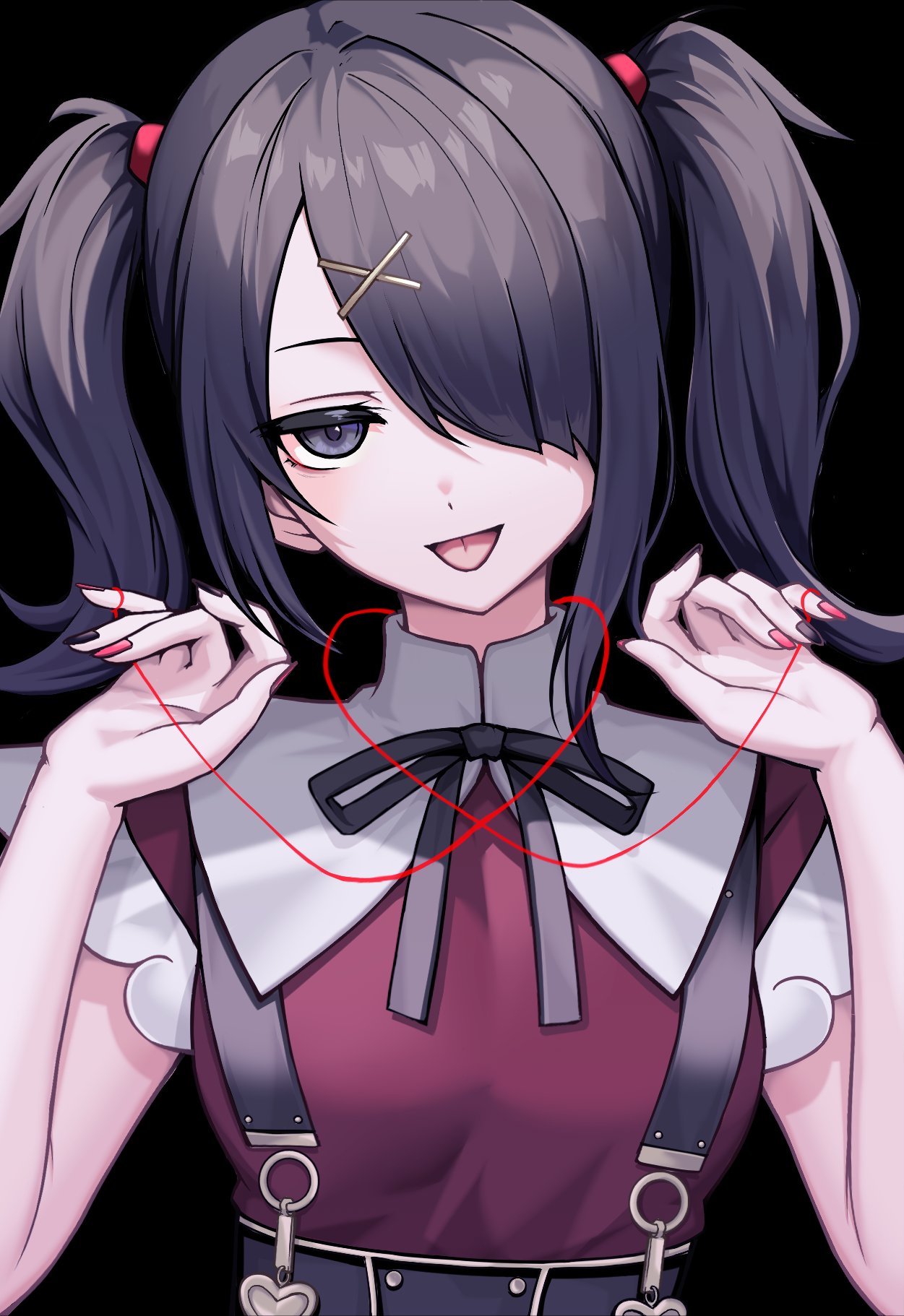 1girl ame-chan_(needy_girl_overdose) black_background black_eyes black_hair black_nails black_ribbon breasts collared_shirt commentary hair_ornament hair_over_one_eye hair_tie hairclip half-closed_eyes hands_up heart highres holding holding_string kushinaka long_hair looking_at_viewer multicolored_nails nail_polish neck_ribbon needy_girl_overdose open_mouth red_nails red_shirt ribbon shirt shirt_tucked_in skirt small_breasts smile solo string string_of_fate suspender_skirt suspenders symbol-only_commentary twintails upper_body x_hair_ornament