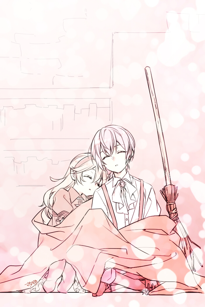 1boy 1girl ascot blanket bookshelf brooch broom closed_eyes collared_shirt corrin_(female)_(fire_emblem) corrin_(fire_emblem) cross-laced_footwear fire_emblem fire_emblem_fates frilled_skirt frills full_body hair_between_eyes icylove indian_style jakob_(fire_emblem) jewelry leaning_on_person long_hair long_sleeves low_ponytail monochrome parted_lips pink_theme puffy_short_sleeves puffy_sleeves shirt shoes short_sleeves sitting skirt sleeping sleeping_upright socks suspenders under_covers