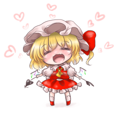 1girl ascot blonde_hair breasts chibi closed_eyes collared_shirt facing_viewer fang flandre_scarlet frilled_shirt_collar frilled_sleeves frills full_body hat heart heart_background holding holding_polearm holding_weapon laevatein_(touhou) lowres medium_hair mob_cap multicolored_wings one_side_up open_mouth polearm puffy_short_sleeves puffy_sleeves red_footwear red_skirt red_vest sacchan_happy shirt short_sleeves simple_background skin_fang skirt skirt_set small_breasts smile socks solo touhou vest weapon white_background white_headwear white_shirt white_socks wings yellow_ascot