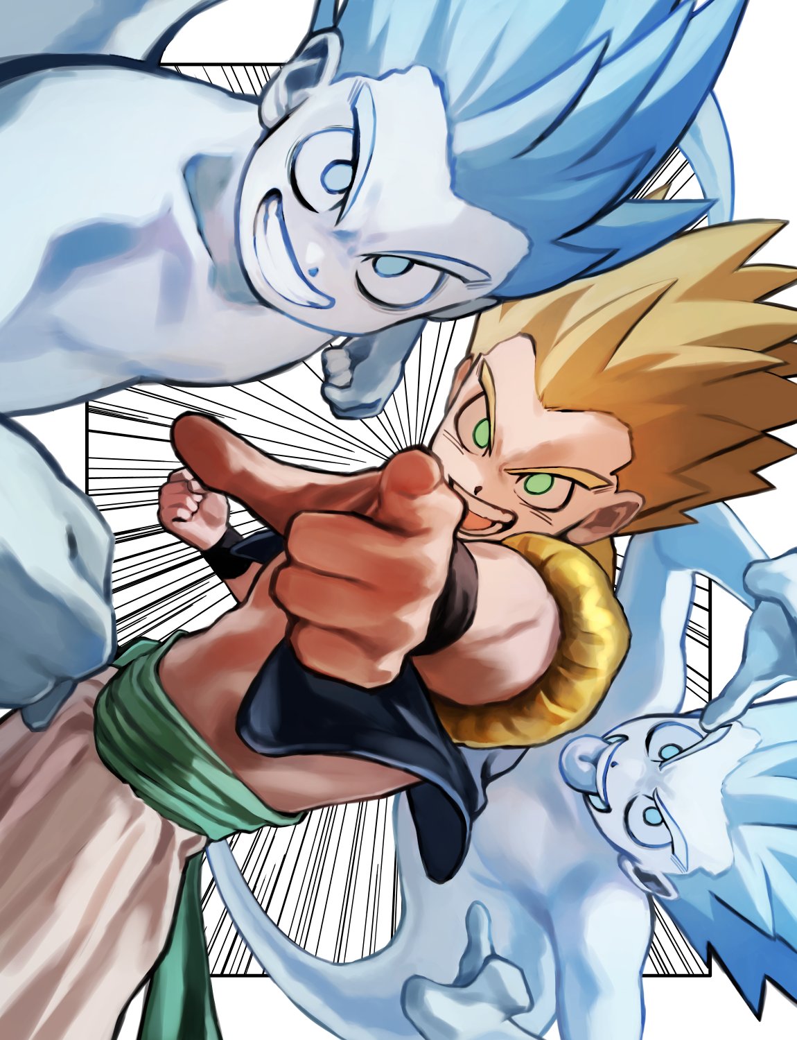 3boys blonde_hair clenched_hand commentary dragon_ball dragon_ball_z ghost gotenks green_eyes green_sash grin highres looking_at_viewer male_focus metamoran_vest multiple_boys open_mouth pants pointing pointing_at_viewer sash simple_background smile spiky_hair super_ghost_kamikaze_attack super_saiyan super_saiyan_1 symbol-only_commentary tongue tongue_out white_pants yoyoha_chan