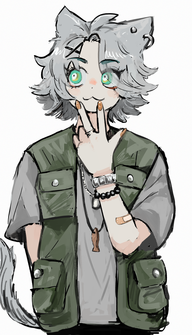 1girl :3 androgynous animal_ears bandaid bandaid_on_arm bracelet cat_ears cat_tail ear_piercing green_eyes grey_hair grey_shirt hair_ornament hand_up highres jewelry looking_to_the_side nail_polish necklace orange_nails original parted_bangs piercing ring sahau228 shirt solo spiky_hair t-shirt tail vest w x_hair_ornament