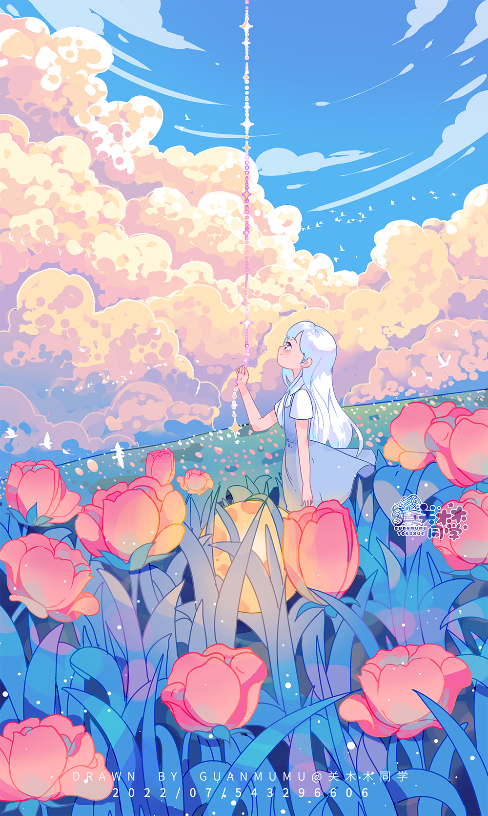 1girl artist_name bird blue_dress blue_eyes blue_sky cable clothes_lift clouds collared_shirt dated day dress dress_lift field flower flower_field flower_request from_side guanmumu highres hill landscape long_hair looking_up original outdoors pink_flower pulling shirt short_sleeves sky sleeveless sleeveless_dress solo star_(symbol) straight_hair too_many too_many_birds watermark white_hair white_shirt