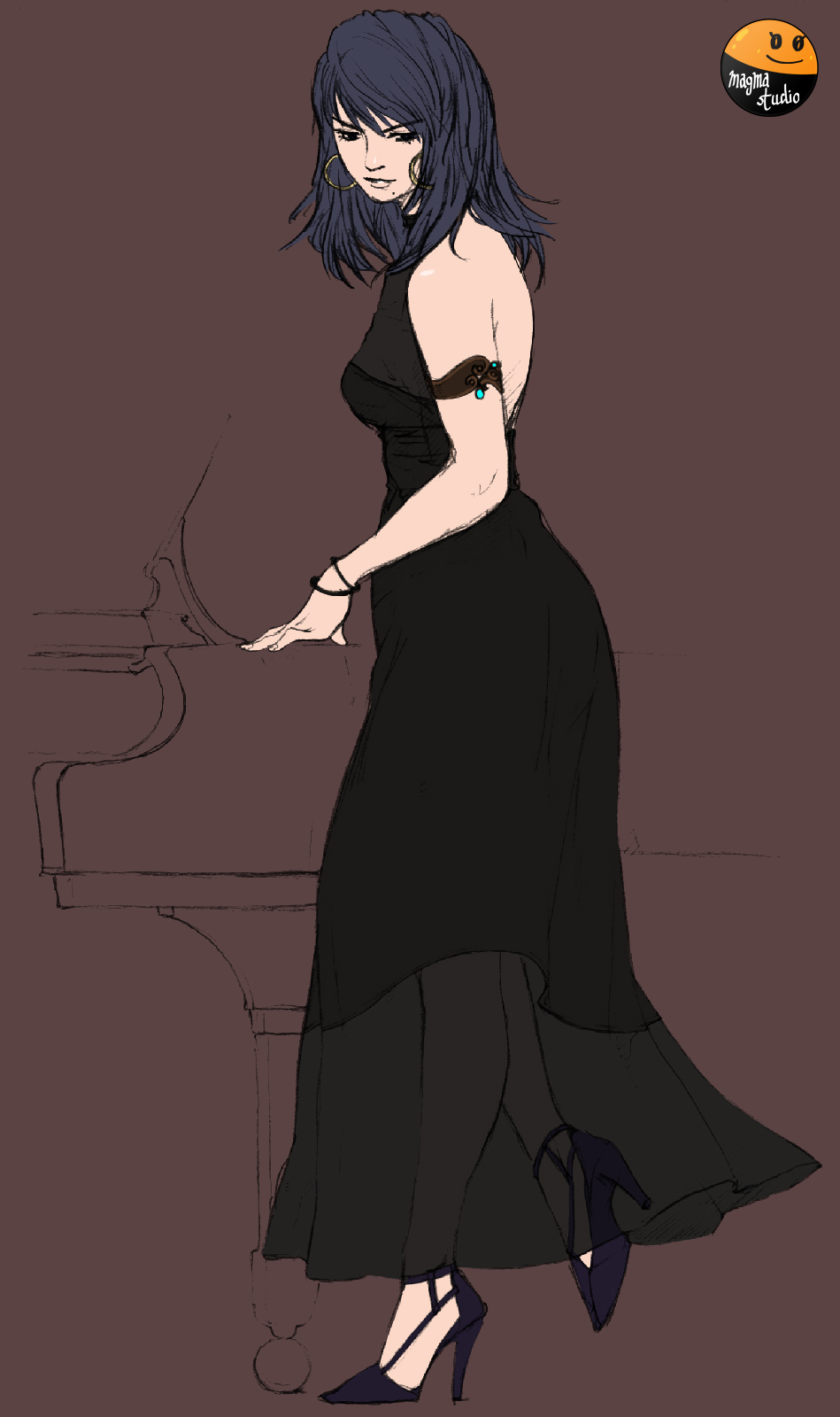 1girl arc_the_lad arc_the_lad_ii black_dress blue_hair breasts closed_mouth dress earrings full_body high_heels highres hoop_earrings instrument jewelry long_hair looking_at_viewer magmastudio mole mole_under_mouth piano shante_(arc_the_lad) solo