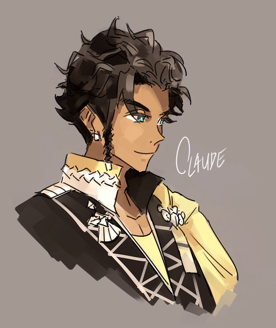 1boy braid brown_hair cape claude_von_riegan closed_mouth dark-skinned_male dark_skin earrings facing_to_the_side fire_emblem jewelry light_smile looking_to_the_side side_braid soranker yellow_cape