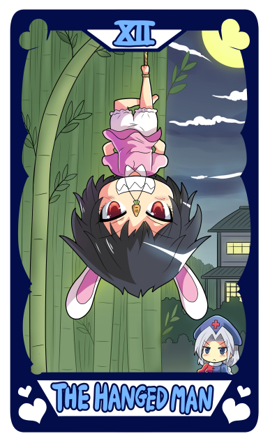 2girls animal_ears bamboo bamboo_forest barefoot black_hair bloomers carrot_necklace clenched_teeth clouds cloudy_sky colonel_aki cross dress forest full_moon hanging heart inaba_tewi jewelry long_hair moon multiple_girls nature necklace pink_dress rabbit_ears rabbit_girl red_cross red_eyes short_hair sky tarot_(medium) teeth the_hanged_man_(tarot) touhou underwear upside-down white_hair yagokoro_eirin