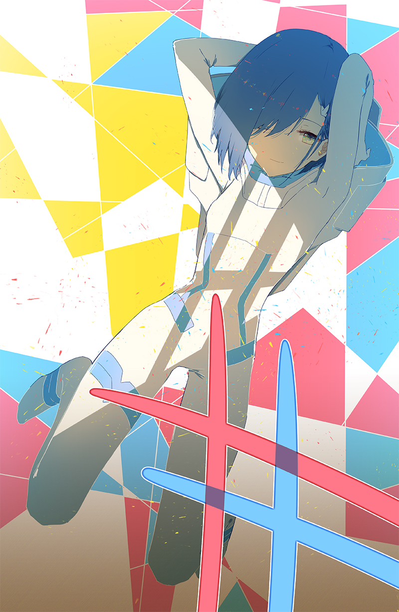 1girl aeror armpits arms_behind_head arms_up asymmetrical_bangs blue_background blue_bodysuit blue_hair bob_cut bodysuit breasts brown_background closed_mouth commentary darling_in_the_franxx dutch_angle full_body geometric_pattern gradient_background green_eyes hair_ornament hair_over_one_eye hairclip highres hood hood_down ichigo_(darling_in_the_franxx) kneeling light_particles light_smile looking_at_viewer multicolored_background pilot_suit red_background shadow short_hair skin_tight small_breasts smile solo thigh_gap white_background white_bodysuit