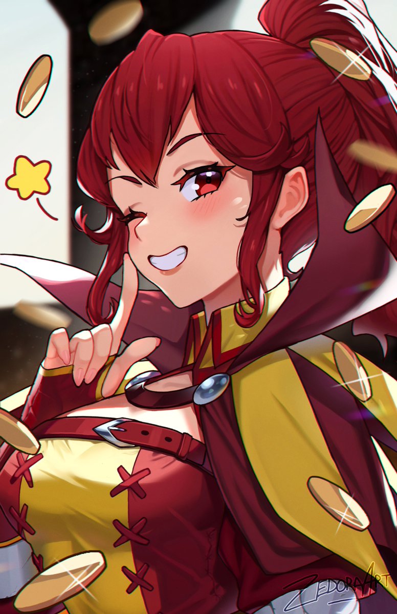 1girl anna_(fire_emblem) blush breasts coin commentary dress english_commentary fingernails fire_emblem fire_emblem_awakening grin hair_between_eyes high_collar index_finger_raised lips long_hair looking_at_viewer medium_breasts one_eye_closed pink_lips pink_nails ponytail red_dress red_eyes signature smile solo star_(symbol) teeth two-tone_dress yellow_dress zedoraart