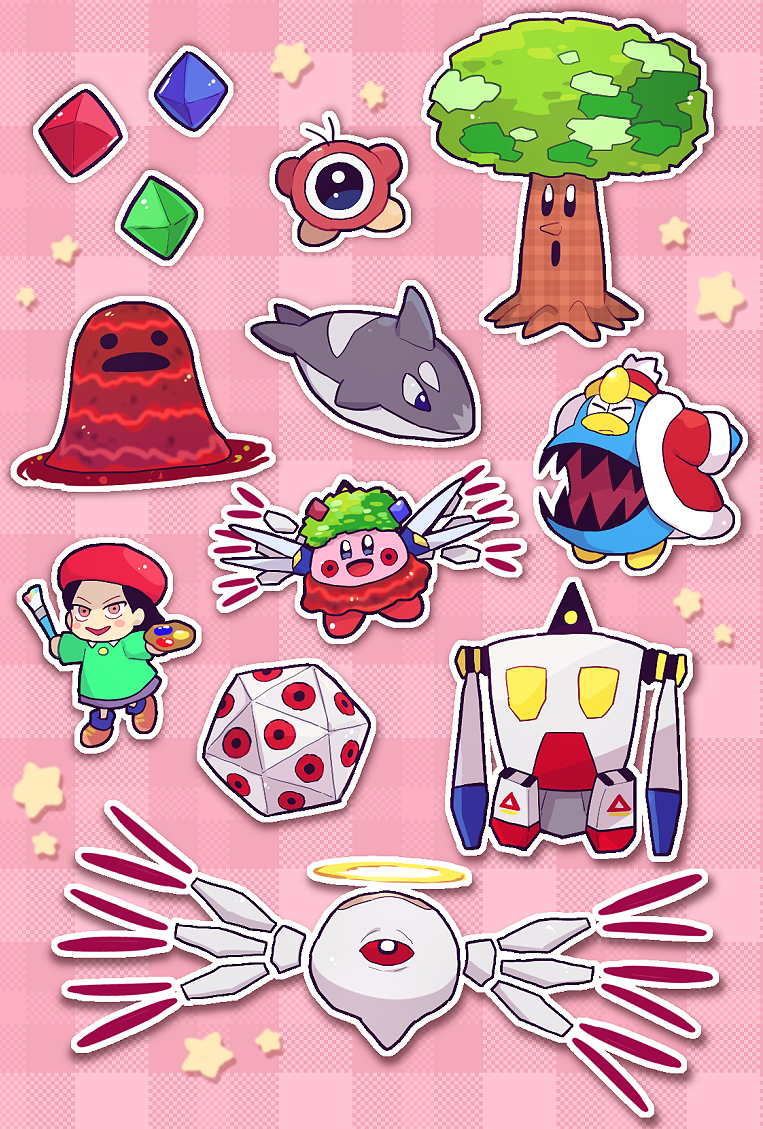 acro_(kirby) adeleine checkered_background chiimako closed_eyes commentary_request halo holding holding_paintbrush hr-h king_dedede kirby kirby_(series) kirby_64 looking_at_viewer magman_(kirby) miracle_matter one-eyed open_mouth orca paintbrush pix_(kirby) red_headwear robot smile solid_oval_eyes star_(symbol) tree waddle_doo whispy_woods wings zero_two_(kirby)