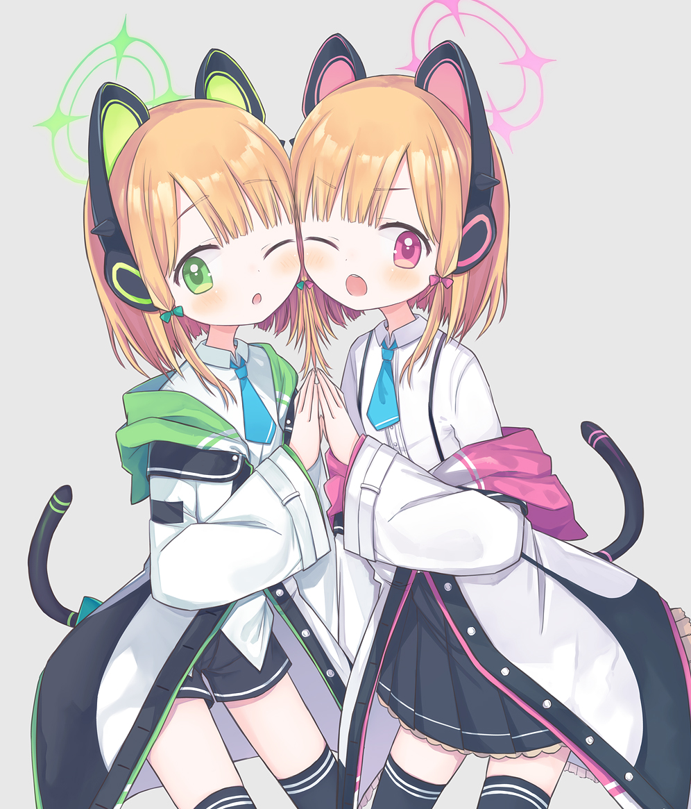 2girls amakaze_sora animal_ear_headphones animal_ears aqua_necktie black_shorts black_skirt black_thighhighs blonde_hair blue_archive bow cat_ear_headphones cat_tail commentary cowboy_shot fake_animal_ears flat_chest green_bow green_eyes grey_background hair_bow halo headphones jacket light_blush long_sleeves looking_at_viewer medium_hair midori_(blue_archive) momoi_(blue_archive) multiple_girls necktie one_eye_closed open_mouth pink_bow pink_eyes pleated_skirt shirt shorts siblings sisters skirt tail thigh-highs v-shaped_eyebrows white_jacket white_shirt zettai_ryouiki