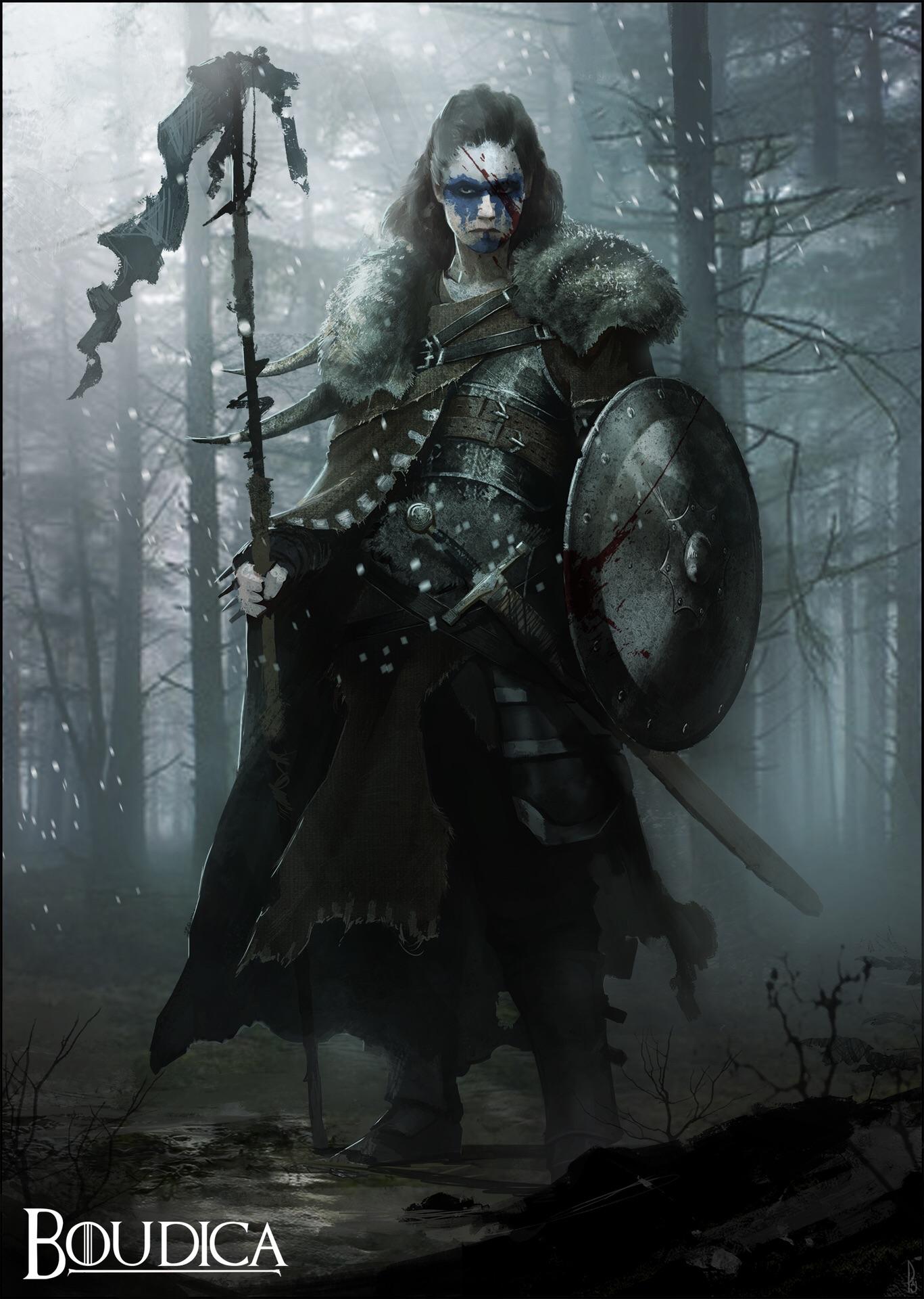 1girl armor armored_boots banner blood blood_on_face boots boudica_(mythology) breastplate brown_hair celtic_mythology character_name coat davepaget facepaint facial_mark faulds forest fur_coat glaring greaves highres holding holding_polearm holding_shield holding_weapon long_hair looking_at_viewer nature pale_skin pauldrons polearm shield shoulder_armor solo spear spiked_armor standing sword tree tribal tribal_print vambraces weapon