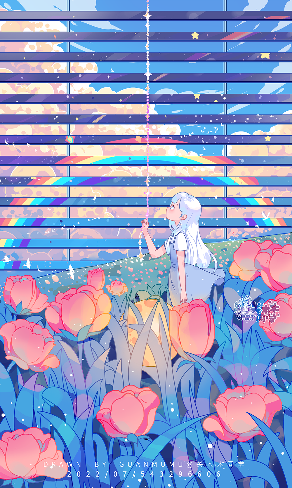 1girl artist_name bird blue_dress blue_eyes blue_sky cable clothes_lift clouds collared_shirt dated day dress dress_lift field flower flower_field flower_request from_side guanmumu highres hill landscape long_hair looking_up moon_(ornament) original parted_lips pink_flower pulling rainbow shirt short_dress short_sleeves sky sleeveless sleeveless_dress solo star_(symbol) straight_hair too_many too_many_birds watermark white_hair white_shirt window_blinds