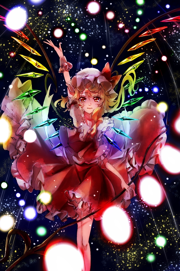 1girl bow closed_mouth collared_shirt danmaku dark_background don_(gsft3523) feet_out_of_frame flandre_scarlet frilled_shirt_collar frilled_skirt frills glowing glowing_wings hat hat_bow holding holding_polearm holding_weapon laevatein_(touhou) long_hair looking_at_viewer mob_cap multicolored_wings one_side_up polearm puffy_short_sleeves puffy_sleeves rainbow_order red_bow red_eyes red_ribbon red_skirt red_vest ribbon shirt short_sleeves skirt skirt_set sleeve_ribbon solo spell_card touhou vest weapon white_headwear white_shirt wings wrist_cuffs