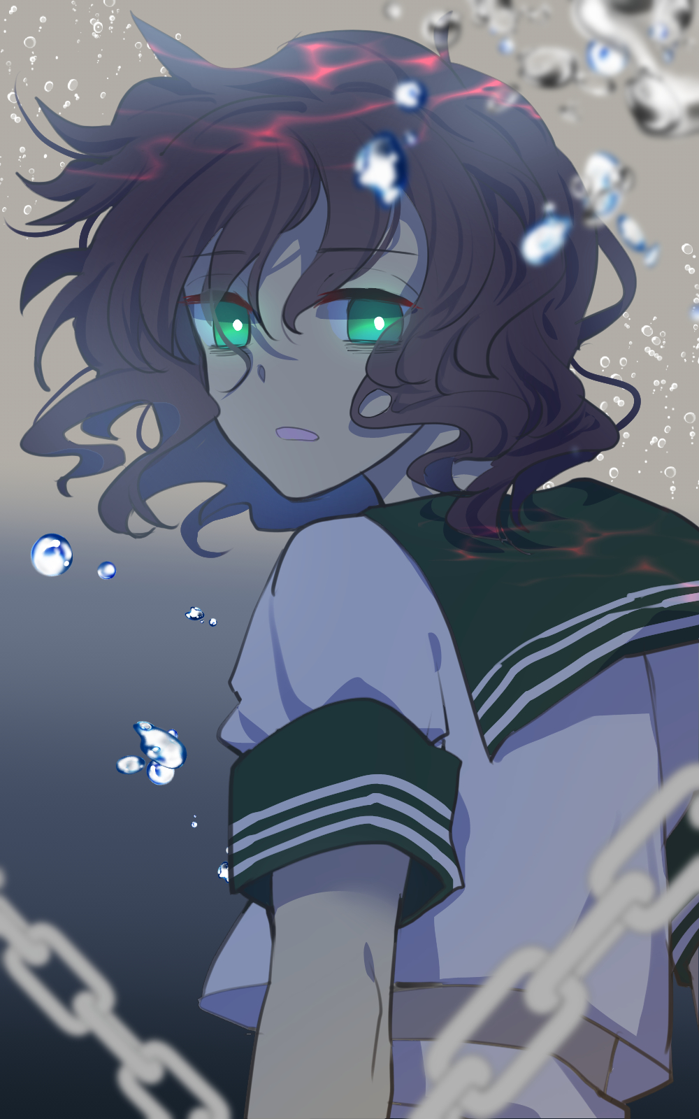 1girl :o air_bubble bright_pupils bubble chain green_eyes highres in_water looking_at_viewer looking_to_the_side murasa_minamitsu nayozane_(worker7) open_mouth sailor sailor_collar shirt short_hair short_sleeves shorts solo touhou upper_body white_pupils white_sailor_collar white_shirt white_shorts