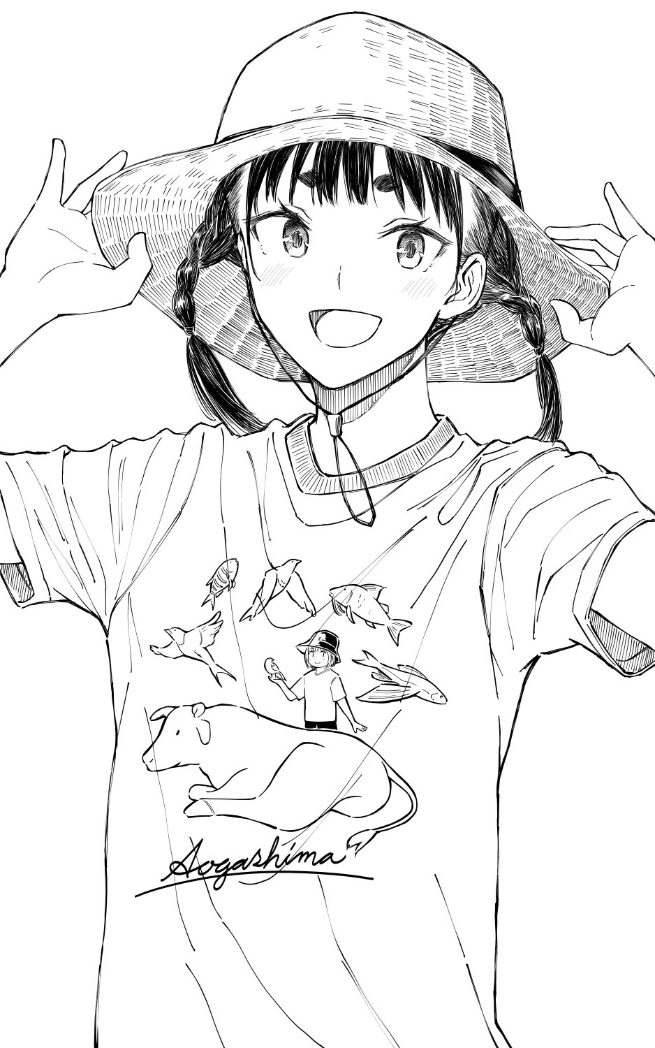 1girl :d braid commentary_request greyscale hands_on_headwear hands_up highres hiwatari_rin looking_at_viewer monochrome original shirt short_eyebrows short_sleeves simple_background smile solo thick_eyebrows twin_braids twintails upper_body white_background