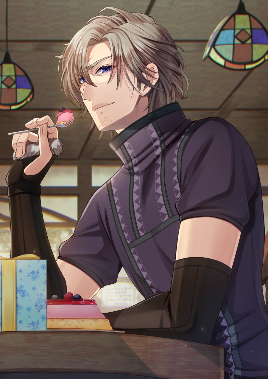 1boy arm_warmers blueberry box brown_hair bungou_to_alchemist cake cake_slice chair curtained_hair eating facial_hair food fork fruit fur_trim fyodor_dostoyevsky_(bungou_to_alchemist) gift gift_box hair_between_eyes hanging_light highres holding holding_fork indoors light_particles looking_at_viewer male_focus mature_male purple_shirt raspberry shirt short_hair short_sleeves sideways_glance sitting smile solo stubble table tukisaya upper_body violet_eyes wrinkled_skin