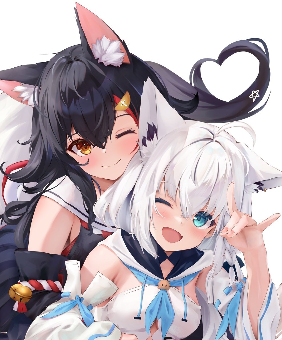 2girls ahoge animal_ear_fluff animal_ears black_hair blue_eyes blue_neckerchief blue_ribbon blush closed_mouth detached_sleeves fang fox_ears fox_shadow_puppet front-to-back hair_between_eyes heart heart_hair hololive hood hooded_vest hoodie long_hair looking_at_viewer multicolored_hair multiple_girls neckerchief one_eye_closed ookami_mio ookami_mio_(1st_costume) open_mouth orange_eyes redhead ribbon ribbon-trimmed_sleeves ribbon_trim shirakami_fubuki shirakami_fubuki_(1st_costume) simple_background skin_fang smile strapless streaked_hair tareme two-tone_hair uechin_ewokaku upper_body vest virtual_youtuber white_background white_hair white_vest wolf_ears