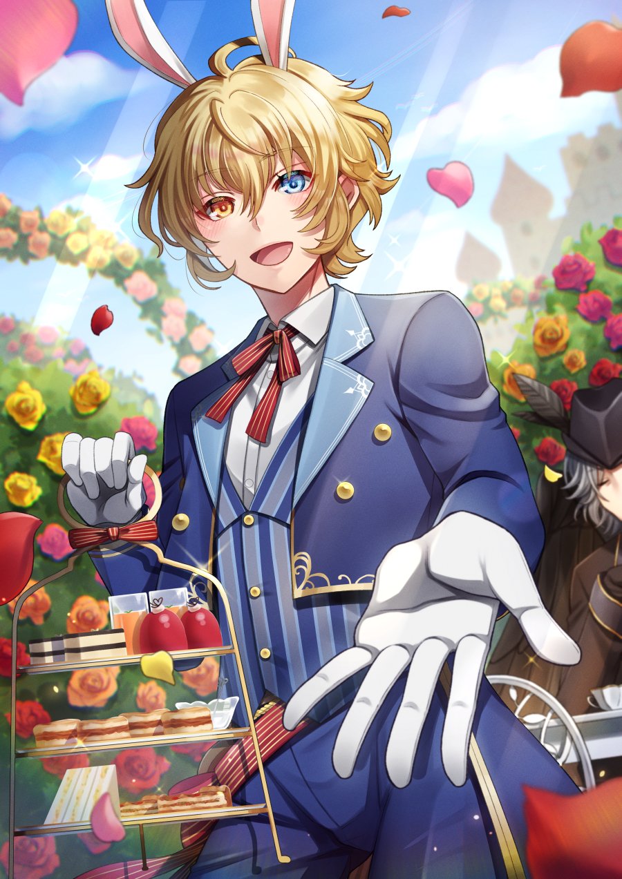 2boys :d alice_in_wonderland animal_ears arch beckoning bicorne black_headwear black_jacket blonde_hair blue_coat blue_eyes blue_pants blue_vest bungou_to_alchemist bush buttons cake castle chair closed_eyes clouds coat collared_shirt conan_doyle_(bungou_to_alchemist) cosplay cowboy_shot cowlick day dessert falling_petals floral_arch flower food gloves grey_hair hair_between_eyes hat hat_feather heterochromia highres holding holding_tiered_tray jacket lapels lewis_carroll_(bungou_to_alchemist) light_particles light_rays long_sleeves male_focus multiple_boys neck_ribbon notched_lapels pants petals pink_flower pink_rose rabbit_ears red_flower red_ribbon red_rose red_sash ribbon rose rose_bush sandwich sash scone shirt short_hair smile solo_focus sparkle standing striped striped_ribbon striped_vest table tailcoat tiered_tray tukisaya vertical-striped_vest vertical_stripes vest white_gloves white_rabbit_(alice_in_wonderland) white_rabbit_(alice_in_wonderland)_(cosplay) white_shirt yellow_eyes yellow_flower yellow_rose