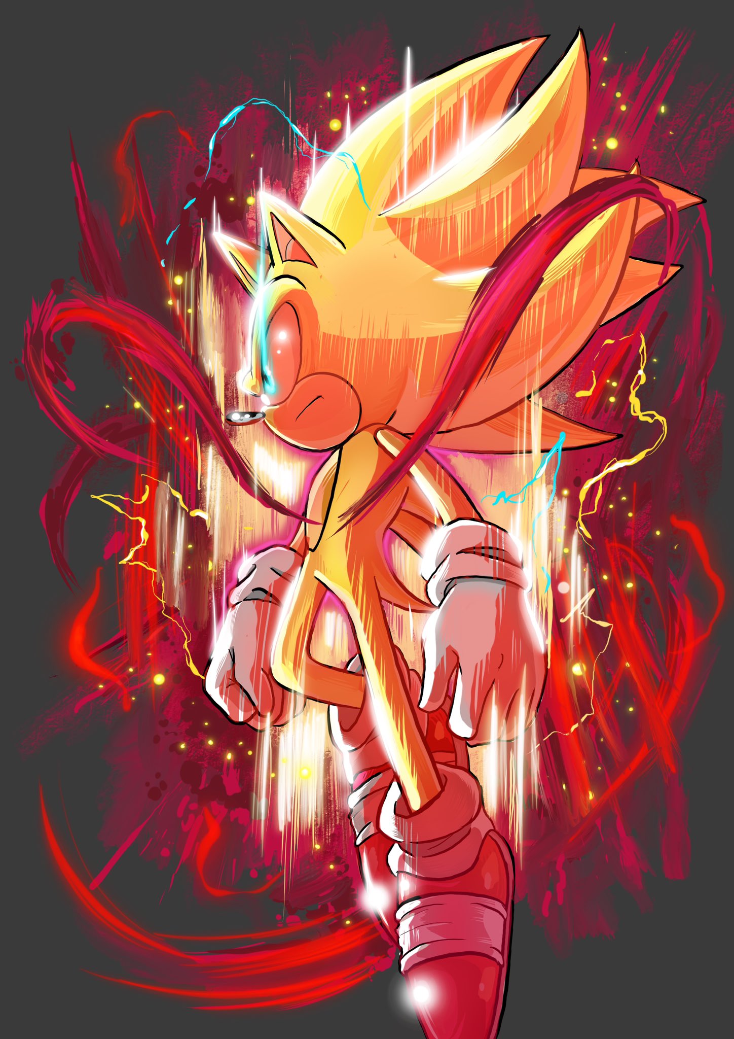 1boy animal_ears animal_nose aqua_eyes aura closed_mouth commentary deaddark_xxiii electricity energy english_commentary frown furry furry_male gloves glowing glowing_eyes grey_background hedgehog_ears highres male_focus red_footwear serious shoes simple_background solo sonic_(series) sonic_frontiers sonic_the_hedgehog super_sonic super_sonic_2 v-shaped_eyebrows white_gloves