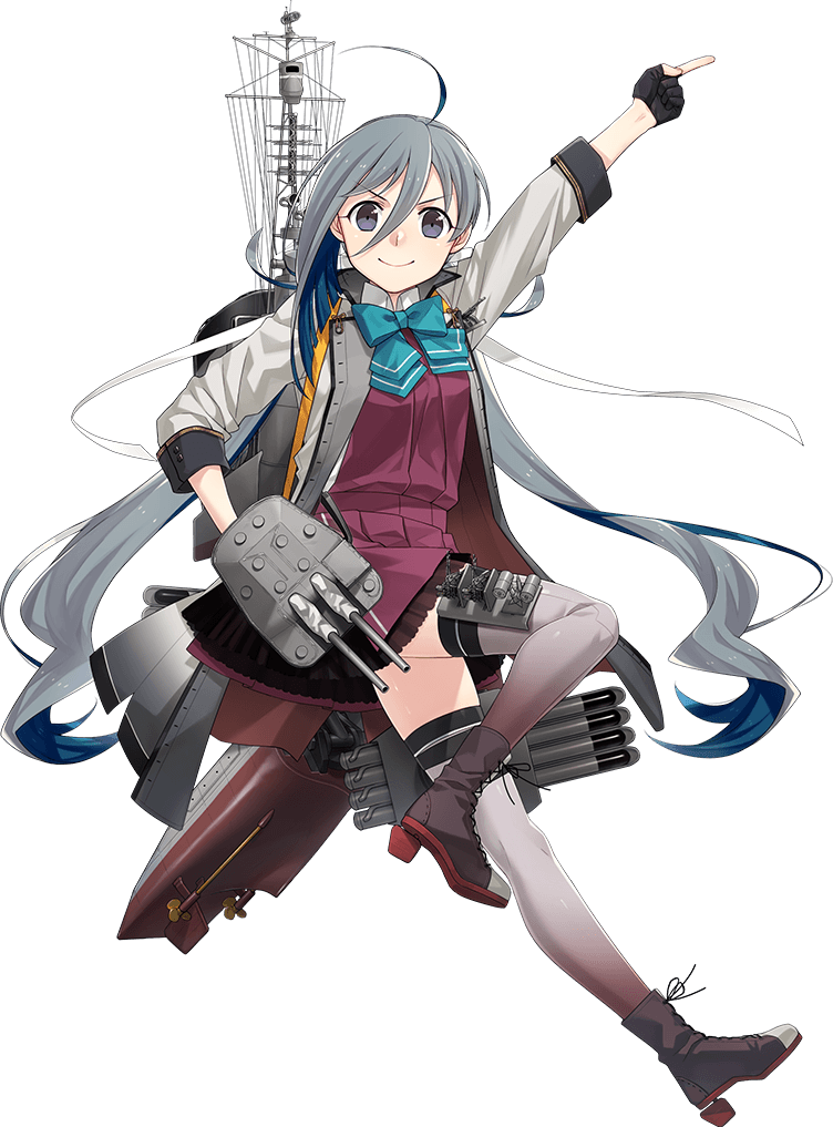 &gt;:) 1girl ahoge bow bowtie fujikawa full_body grey_eyes grey_hair hair_between_eyes hair_ribbon kantai_collection kiyoshimo_(kancolle) kiyoshimo_kai_ni_(kancolle) long_hair long_sleeves looking_at_viewer low_twintails machinery official_art open_mouth outstretched_arm ribbon school_uniform smile solo transparent_background twintails v-shaped_eyebrows very_long_hair
