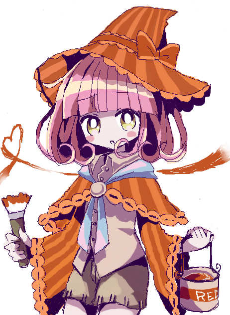 1girl blunt_bangs blush_stickers brown_shirt brown_shorts bucket buttons capelet character_request collared_shirt commentary_request cowboy_shot curly_hair hat hat_ribbon holding holding_bucket holding_paintbrush kirby_(series) long_sleeves looking_at_viewer no_nose oekaki open_mouth orange_capelet orange_headwear orange_ribbon paint_can paintbrush personification pink_hair ribbon shirt shorts simple_background sketch solo striped striped_headwear usagi_nui white_background yellow_eyes