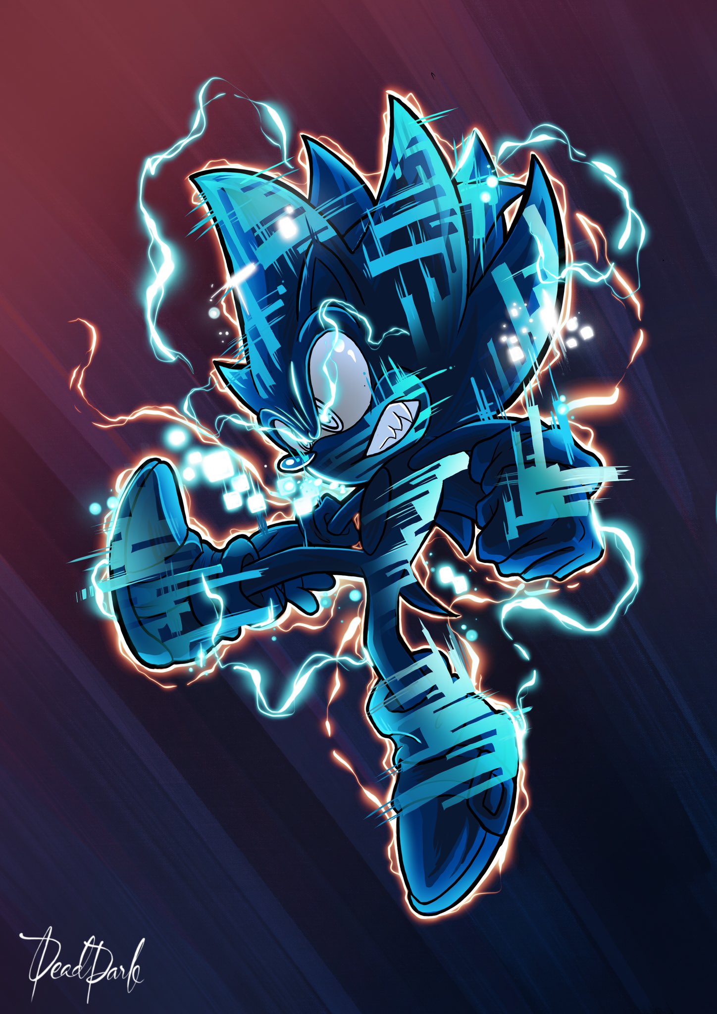 1boy animal_ears animal_nose artist_name aura blue_background blue_eyes clenched_teeth commentary deaddark_xxiii electricity energy english_commentary full_body furry furry_male gloves gradient_background hedgehog_ears highres male_focus purple_background red_background ringed_eyes sharp_teeth shoes signature simple_background solo sonic_(series) sonic_frontiers sonic_the_hedgehog spoilers super_sonic super_sonic_cyber teeth v-shaped_eyebrows