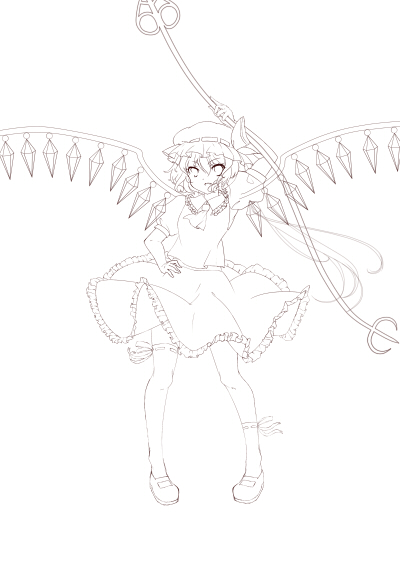1girl arm_up ascot breasts collared_shirt crystal flandre_scarlet frilled_shirt_collar frilled_skirt frills full_body greyscale hand_on_own_hip hat holding holding_polearm holding_weapon laevatein_(touhou) lineart mary_janes medium_hair mob_cap monochrome pigeon-toed polearm puffy_short_sleeves puffy_sleeves ribbon-trimmed_headwear ribbon-trimmed_thighhighs ribbon_trim shirt shoes short_sleeves skirt small_breasts solo standing touhou vest weapon wings xingyueyaoshi