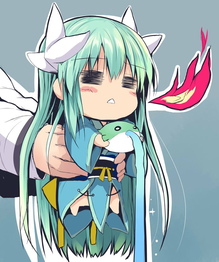 =_= blush breathing_fire chibi fate/grand_order fate_(series) fire fish green_hair held_up horns japanese_clothes kimono kiyohime_(fate) long_hair multiple_horns parted_lips sash sen_(astronomy) simple_background triangle_mouth very_long_hair