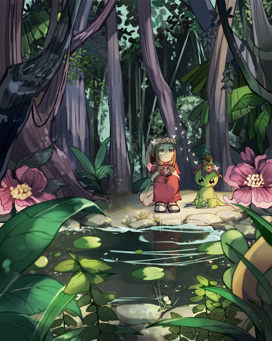 1girl 1other brown_eyes brown_hair day digimon digimon_(creature) dress flower forest head_wreath lily_pad long_hair natsuki_(aisae) nature outdoors palmon petals pink_flower plant red_dress reptile sharp_teeth sitting tachikawa_mimi teeth tree