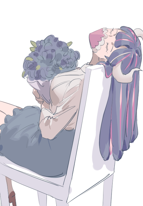 1girl ahoge blue_hair blue_skirt bouquet chair closed_eyes collared_shirt covered_mouth curled_horns dinosaur_girl holding holding_bouquet horns long_hair mask mouth_mask multicolored_hair one_piece pink_hair pink_mask raine_(acke2445) shirt sitting skirt solo streaked_hair ulti_(one_piece) white_shirt