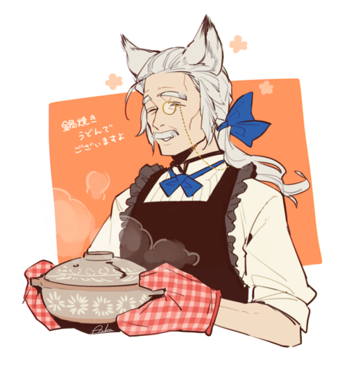 1boy animal_ears asukasuka bow bowtie closed_eyes cooking_pot erune facial_hair granblue_fantasy holding long_hair male_focus monocle mustache old old_man oven_mitts sevastian_(granblue_fantasy) smile steam white_hair wrinkled_skin