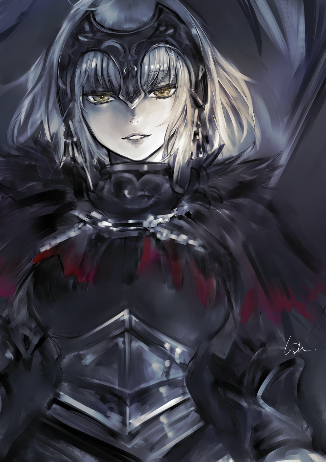 1girl armor armored_dress banner black_dress blonde_hair breasts chain doraeshi dress fate/grand_order fate_(series) fur_collar headpiece highres jeanne_d'arc_alter_(avenger)_(fate) jeanne_d'arc_alter_(fate) looking_at_viewer medium_breasts parted_lips short_hair smile solo yellow_eyes