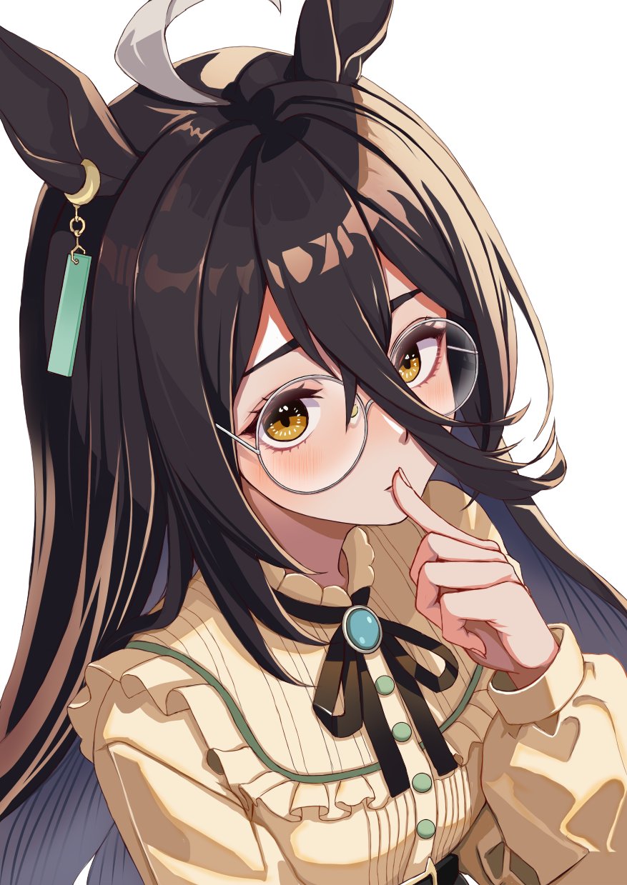 1girl ahoge alternate_costume animal_ears bespectacled black_hair black_ribbon blush brown_shirt commentary_request finger_to_mouth frilled_shirt frills glasses grey-framed_eyewear hair_between_eyes highres horse_ears horse_girl kama_o_nu long_hair looking_at_viewer manhattan_cafe_(umamusume) multicolored_hair puffy_sleeves ribbon round_eyewear shirt simple_background solo streaked_hair umamusume upper_body very_long_hair white_background white_hair yellow_eyes